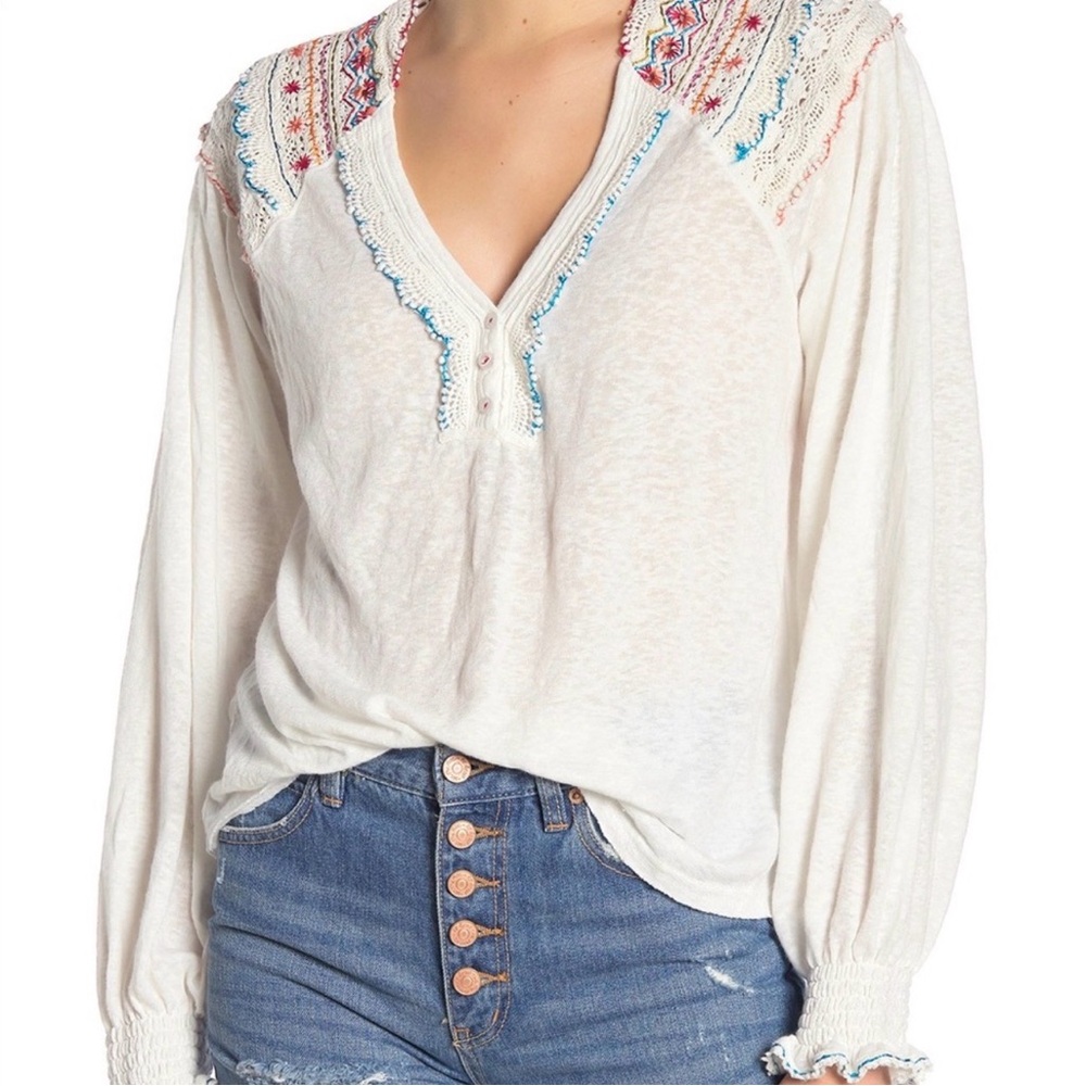 Free People Embroidered Lace Henley Boho Top Womens X-Small